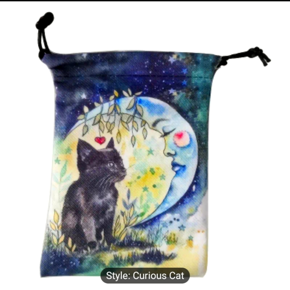 Soft Velvet Like Tarot Card & Crystal Drawstring Cat Pouch Double-Sided